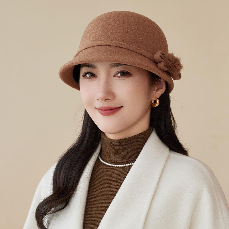 Autumn and Winter Basin Hat Retro Hepburn Style Bow Bucket Hat Ladies Elegant Woolen Fashion Basin Hat