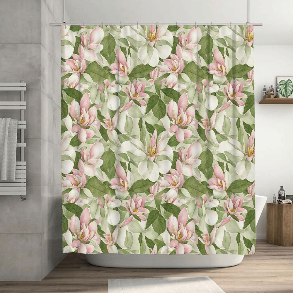 Watercolor Style Bloom Bath Curtain Floral Print Shower Curtain Soft Green Pink White Leaves Waterproof Decorative Home Decor 72