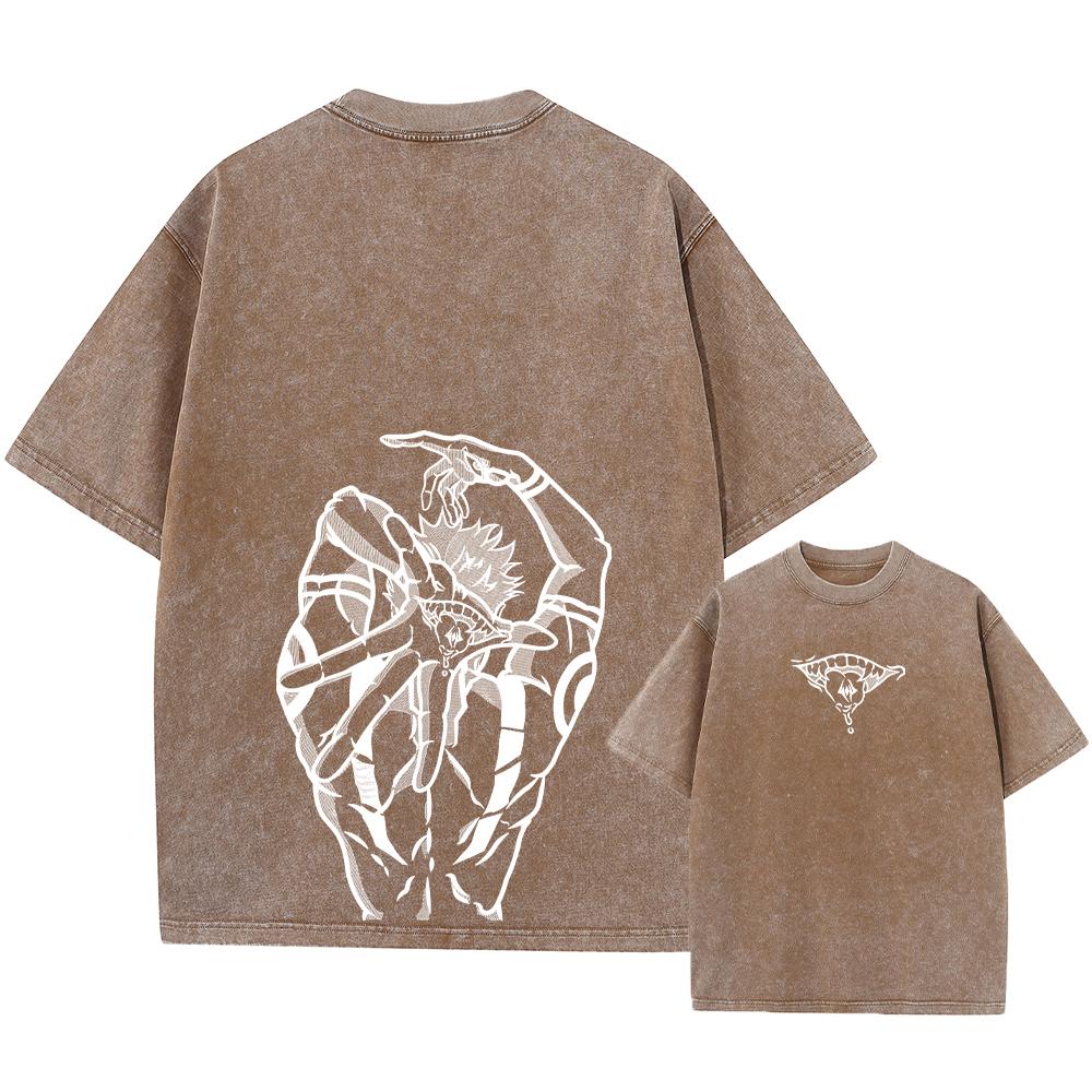 Anime Printed Streetwear Vintage Washed T-shirt Men Harajuku Manga Graphic Print Gojo Acid Wash Tops Tee Shirt