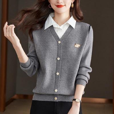 Women's Fake Two Fashionable Spring and Autumn Loose Knitwear Long-sleeved Tops