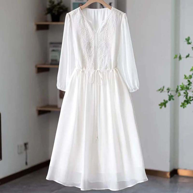 Romantic White Chiffon Dress with Embroidery for Women