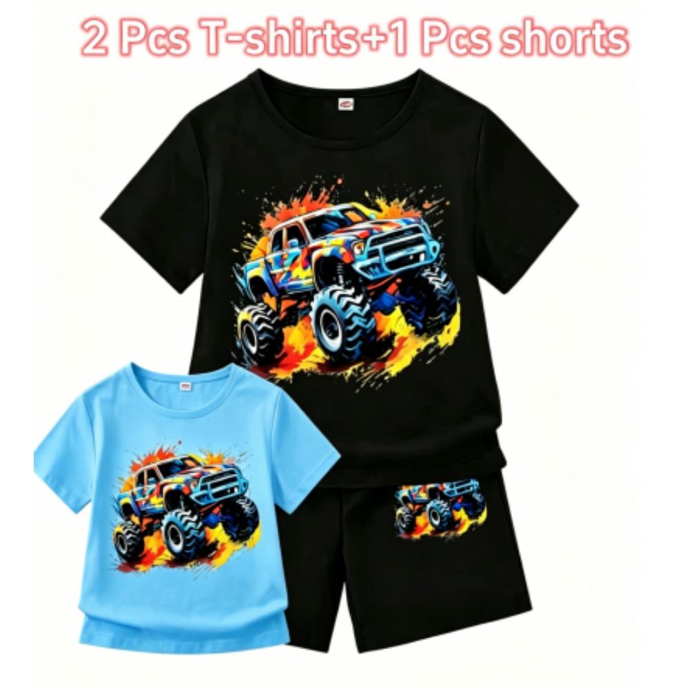 Cartoon Car Print Outdoor Street Kids T-shirt and Shorts Summer Home Casual Outfit Boy and Girl's Sports Set