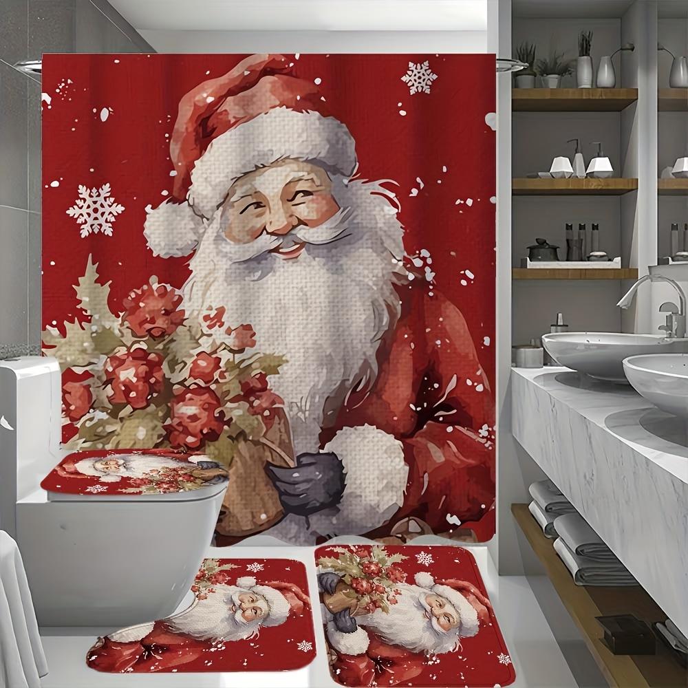 4-teiliges Badezimmer-Duschvorhang-Set Weihnachtsmann Badezimmervorhang mit 12 Haken Rutschfeste Teppiche Toilettendeckelmatte Badezimmer-Trennwand