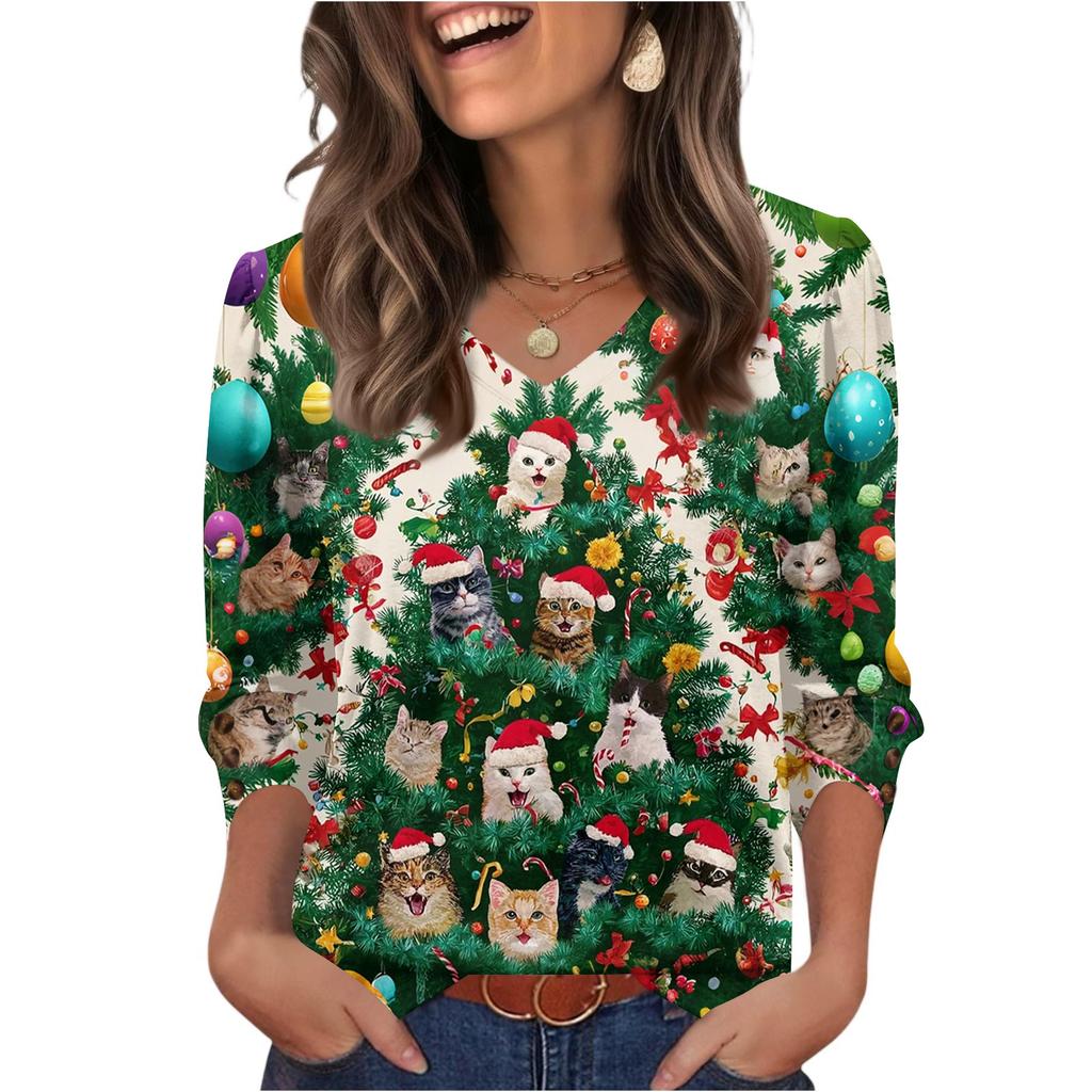 Women's Fashionable Casual Christmas Printed V-neck Top
