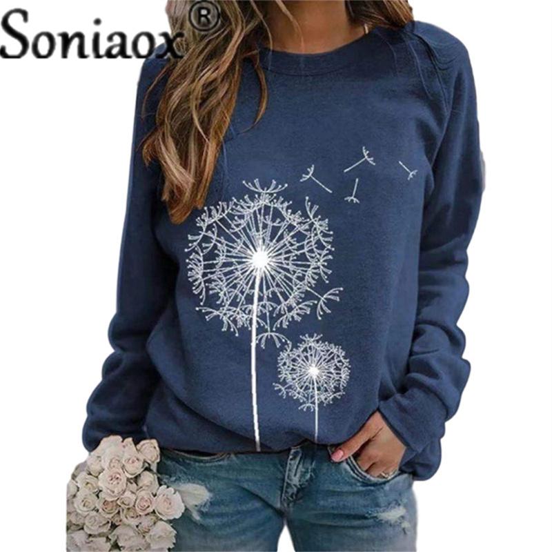 R Women Dandelion Print Round Neck Long Sleeve Sweatshirt Ladies Fashion Loose Casual Pullover