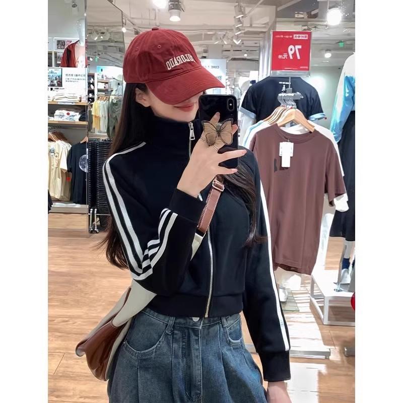 Womens Oversized Cotton Hooded Stand Collar Track Jacket 2025 Casual Sporty Sweatshirt With 3-Stripe Design