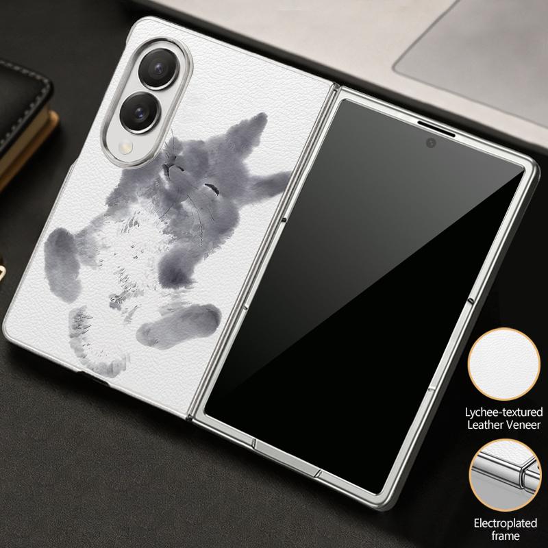 Cute Cat Rabbit Print Case For Samsung Z Fold 8 Ultra 7 6 5 4 Luxury Plating Leather Skin Phone Cover For Galaxy Z Fold8 Fold7 Fold6 Fold5
