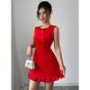 Womens Round Neck Sleeveless Fit-and-Flare Mini Dress With Bow Detail Ruffle Hem
