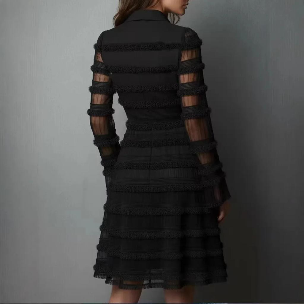 Sexy Sheer Mesh Fringe Trim Mini Dress Women Fashion Turn-Down Collar Party Dress Spring Autumn Long Sleeve Ruched A-Line Dress