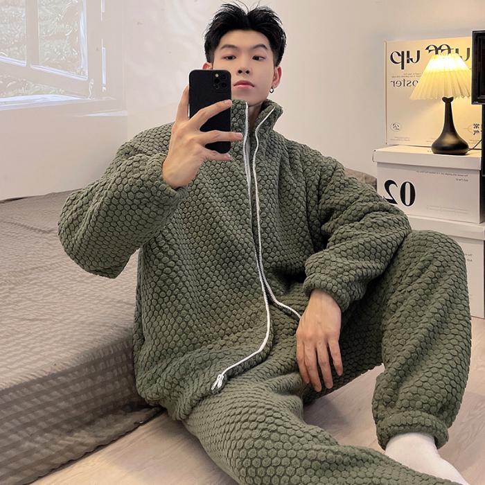 Nová pánská podzimní zimní zahuštěná sada pyžama z korálového rouna, plyšový domácí oblek s kapucí na zip, s dlouhým rukávem, flanelová 2dílná sada, pyžamo, teplé noční prádlo