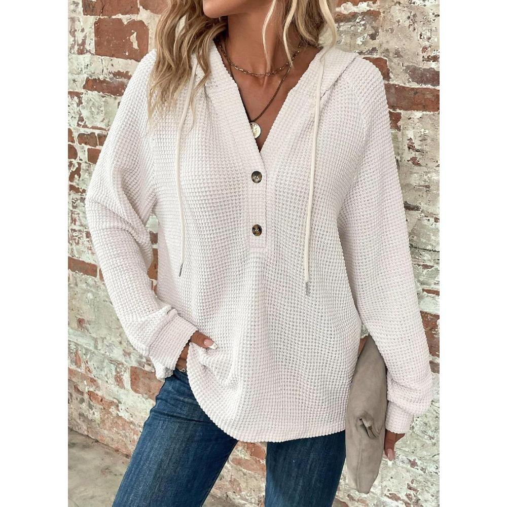 Women s Hoodie Waffle Knitted Drawstring Button V-Neck Long Sleeve Pullover Casual Sports Sweater S белый