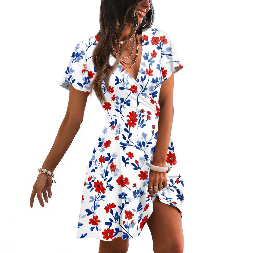 Women’s Short Sleeve V Neck Floral Print Casual Wrap Dress Lightweight Summer A Line Swing Dress with Soft Fabric