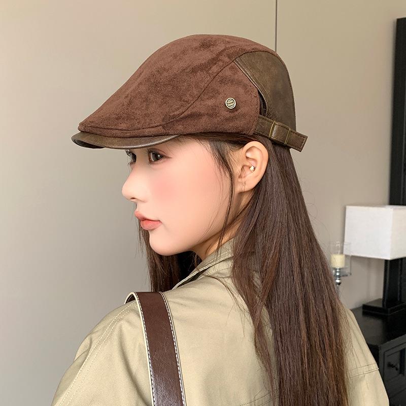 Women's Reverse-Wear Beret for Spring and Autumn, Japanese Retro Solid Color Striped Cap, Face-Slimming Versatile Painter's Newsboy Hat