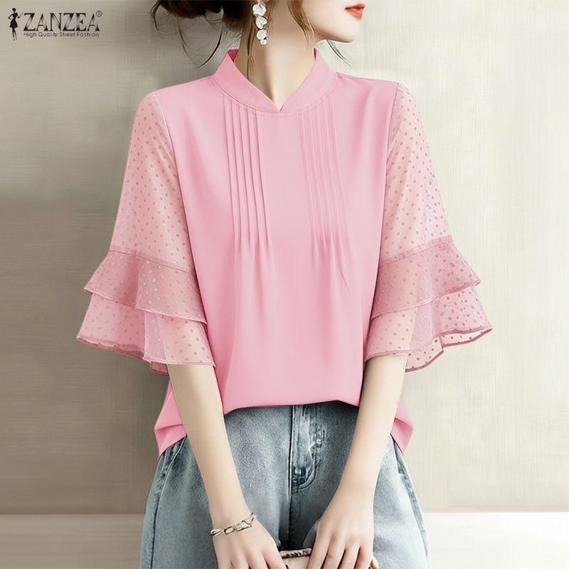 ZANZEA Women Casual Stand Collar Loose Sheer Mesh Splice 3/4 Sleeve Blouse