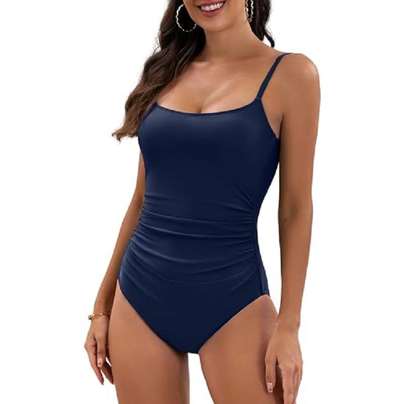 European and American Pleated Solid Color Sexy One-Piece Swimsuit for Women