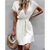 Women's Summer Dress, Spring and Summer Solid Color Short Sleeve Lace V-neck Waist-fitted Dress Casual Drawstring Waist Vacation Dress