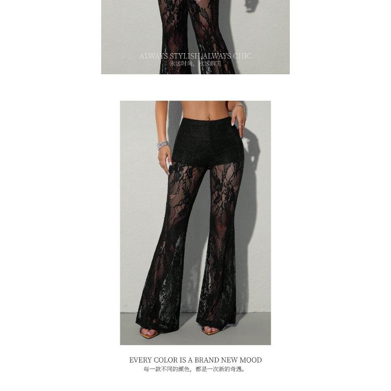 Pantaloni Lunghi da Donna in Pizzo Trasparente a Zampa Slim Fit