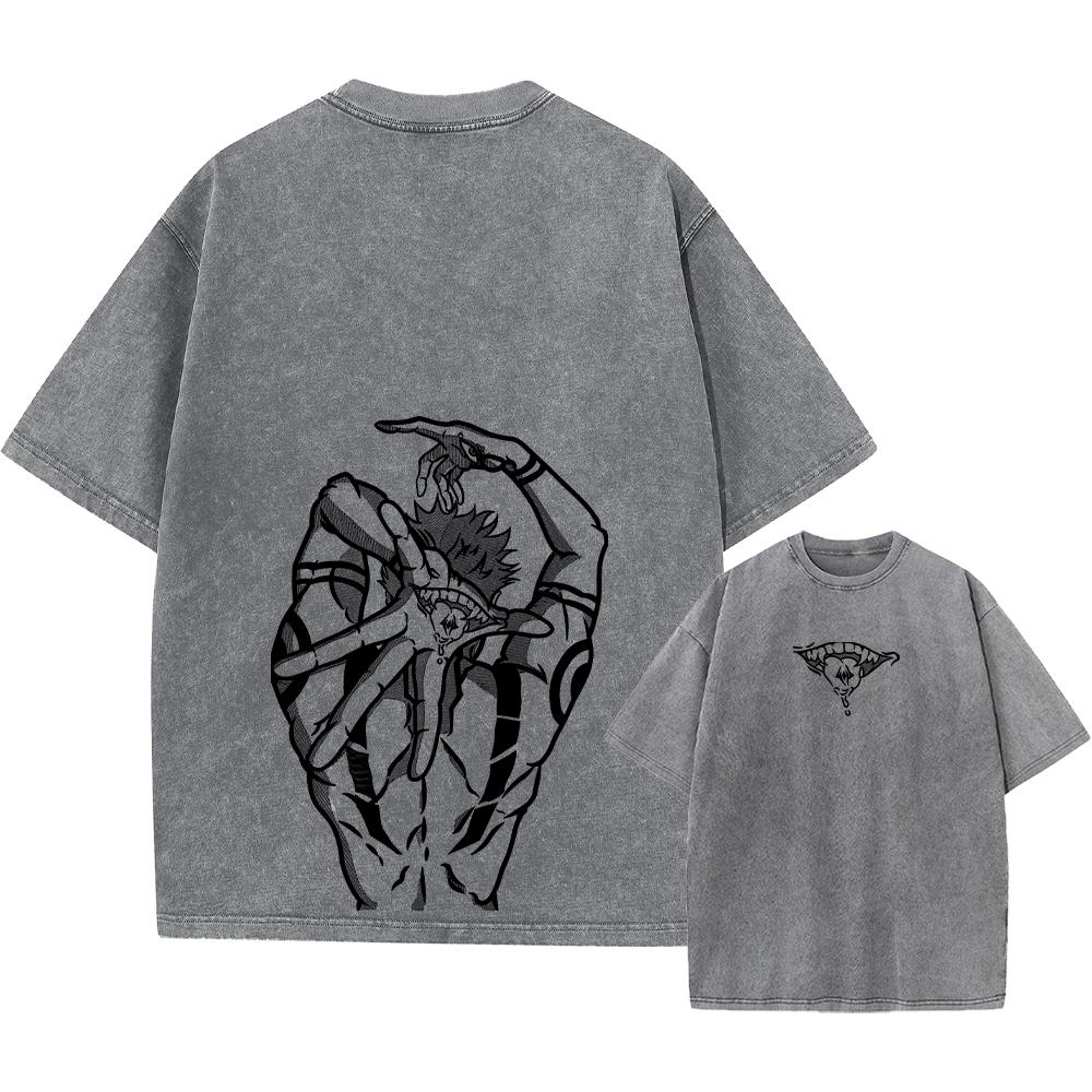 Anime Printed Streetwear Vintage Washed T-shirt Men Harajuku Manga Graphic Print Gojo Acid Wash Tops Tee Shirt