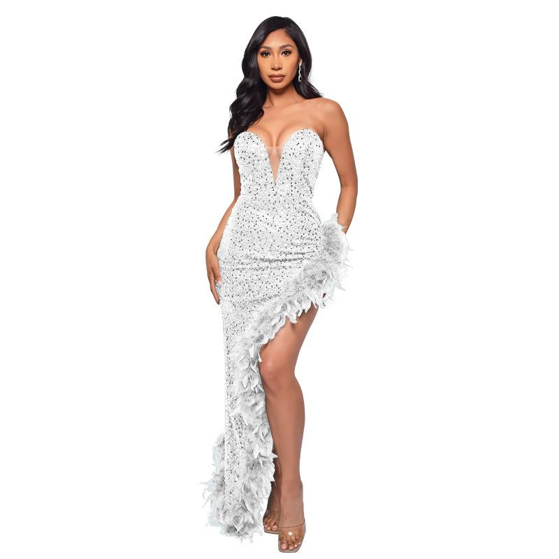 Women's Dress Long Haute Couture Strapless Backless Sequin Dress Feather Patchwork Gown