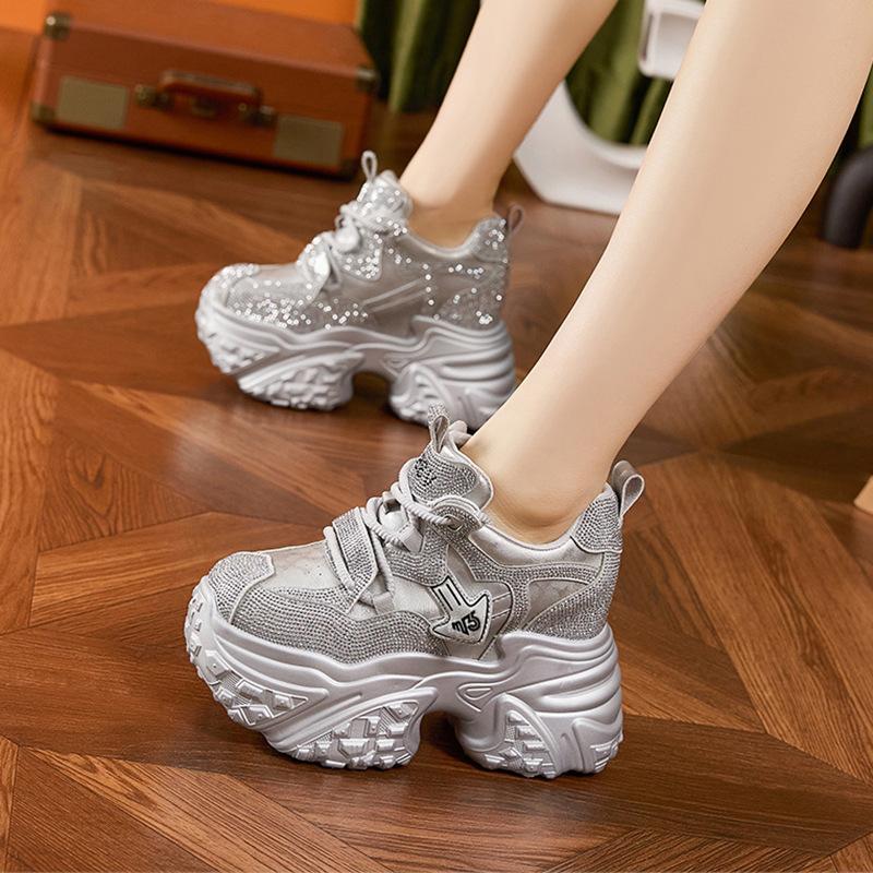 Thick-soled Dad Shoes Women's Spring 2025 New Rhinestone Inner Height-increasing Women's Shoes Fashionable Versatile Sports and Leisure Shoes