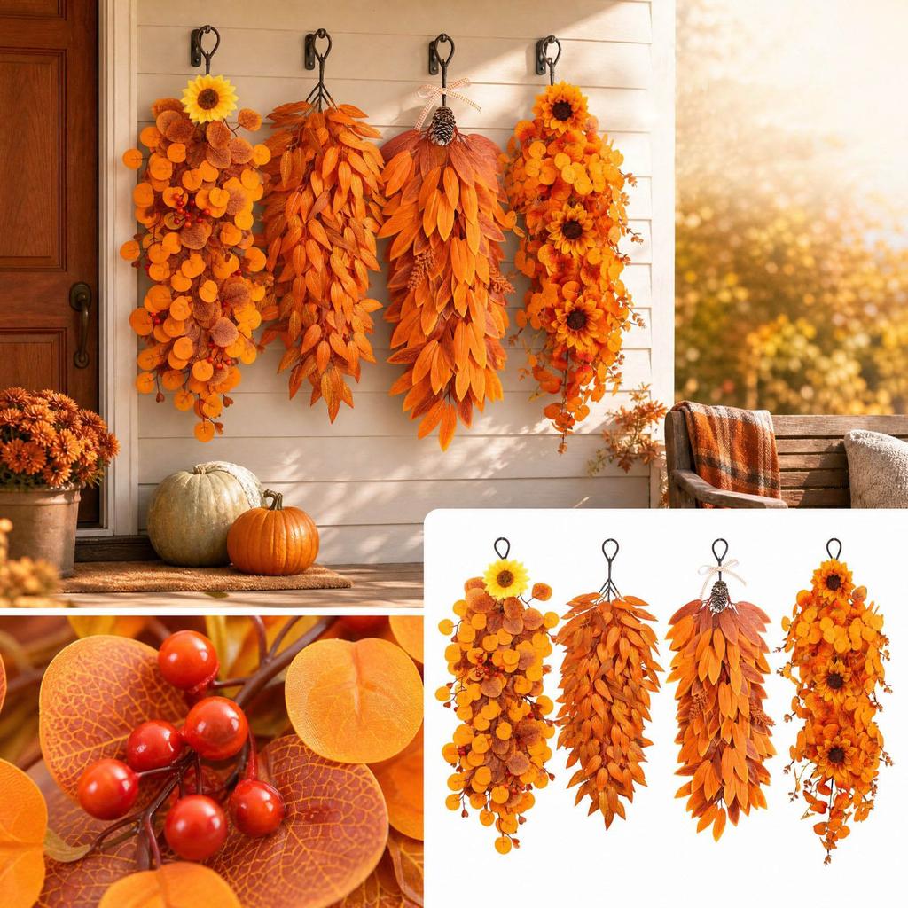 Artificial Sunflower Red Fall Leaf Garland, Home Decor Thanksgiving Wall Hanging Decoration