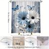 ~O~1pc Blue & White Floral Butterfly Shower Curtain - Elegant Nature Design, Vivid Blossoms, Muted Gray Background, Polyester