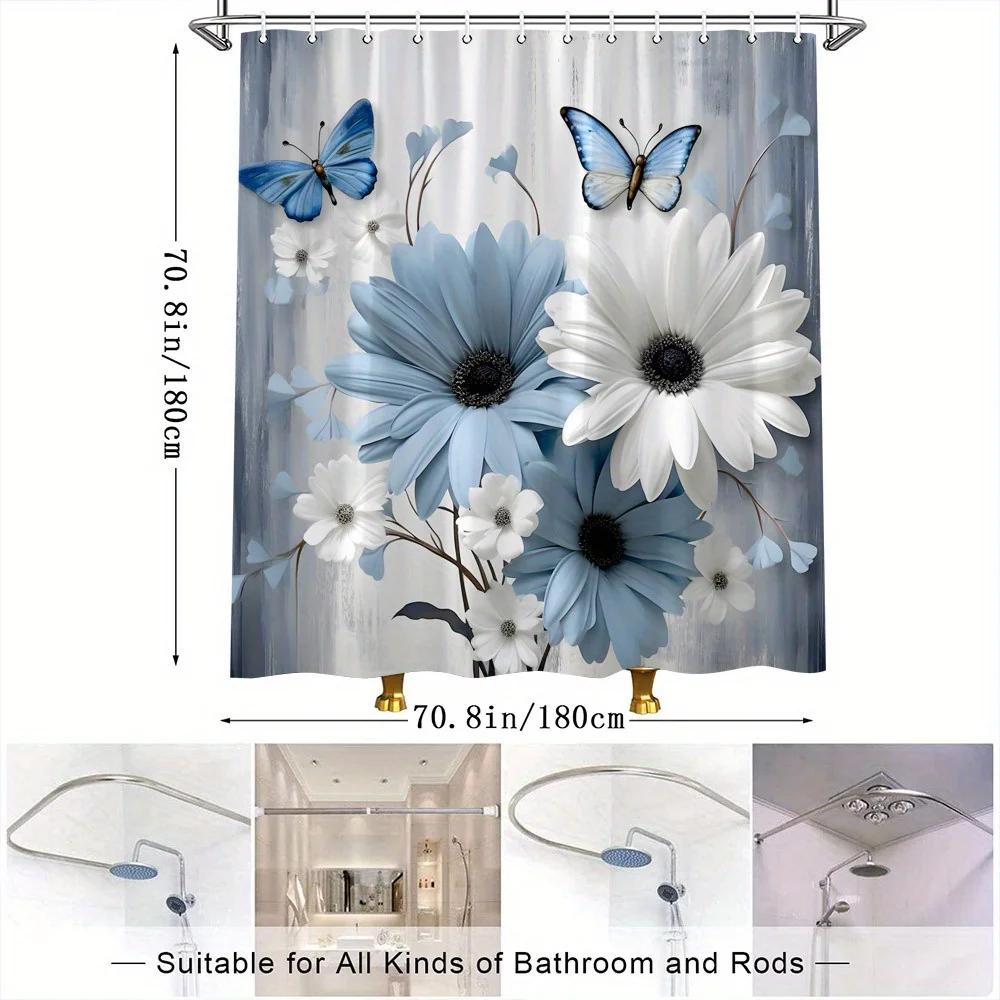 ~O~1pc Blue & White Floral Butterfly Shower Curtain - Elegant Nature Design, Vivid Blossoms, Muted Gray Background, Polyester