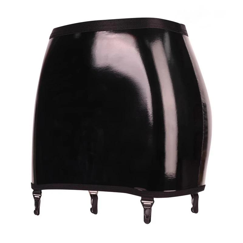 Gothic Punk Wetlook Pu Leather Mini Skirt Women Sexy High Waist Garter Belt With 4 Straps And Metal Clips For Stockings