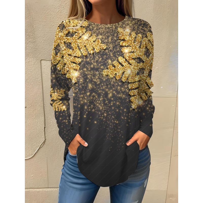 Camiseta de manga larga con cuello redondo y estampado 3D de copos de nieve con temática navideña, ropa de moda para mujer, ropa informal Y2K, ropa Harajuku para mujer