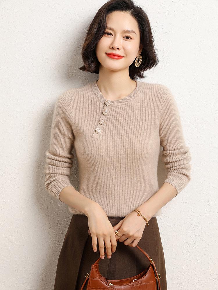 Women's Slim Fit Cashmere Sweater - Round Neck Ribbed with Diagonal Buttons, Elegant Knitwear for Autumn and Winter
