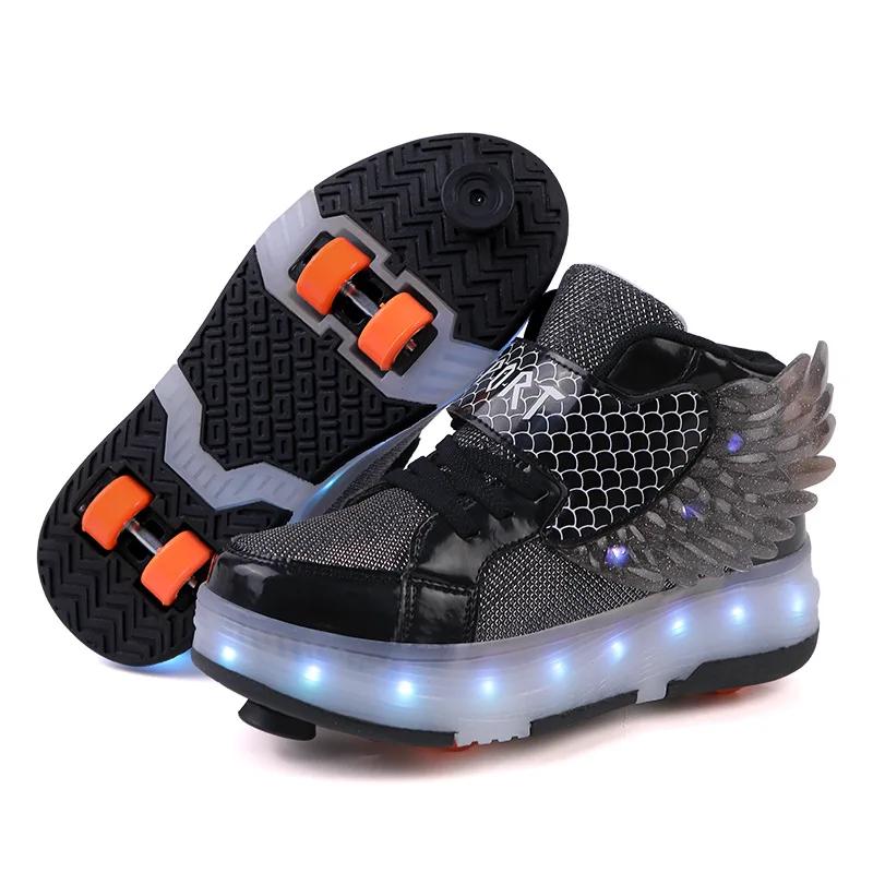 Kid Sneakers Luminous Removeable 4 Wheels Roller Skates USB Charge Wing Panda Sport Casual Skateboard Shoes Girls Boys Skates