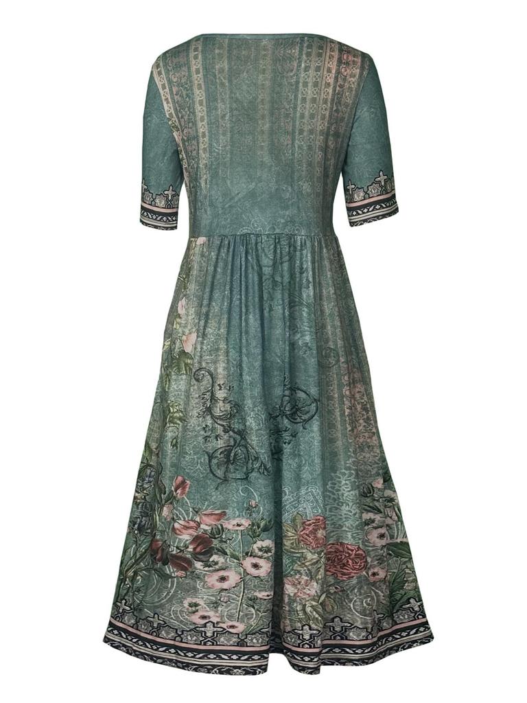 2024 Summer Bohemian Print Women's Maxi Dress with Round Neck and Short Sleeves