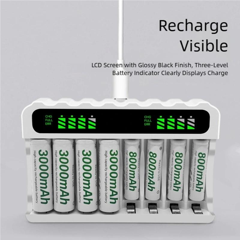 NiMH Battery Charging with 8 Slots for 2A and 3A Batteries Featuring LED Indicators and Safe Charging Technology