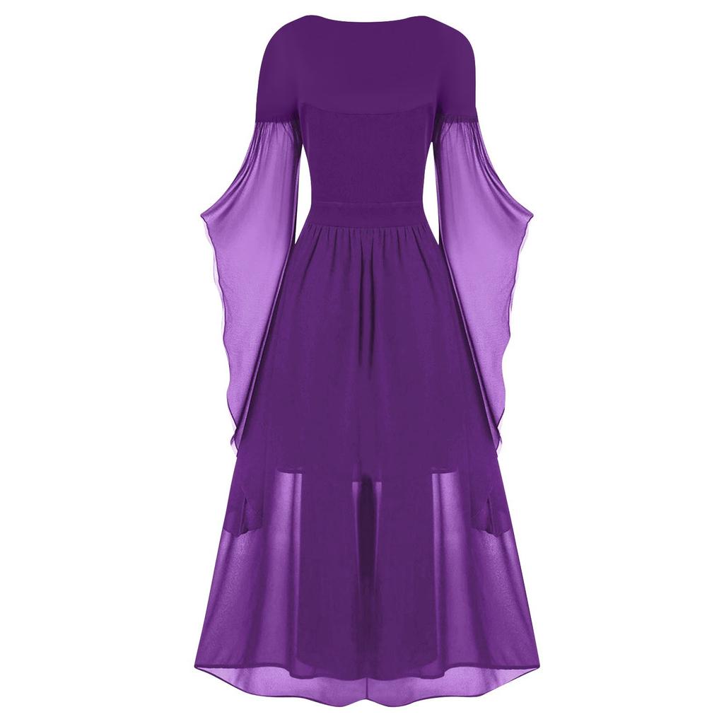 נשים מזדמנים בגודל פלוס שמלת כתף קרה צבע אחיד תחרה שרוול פרפר שמלה גותית ליל כל הקדושים