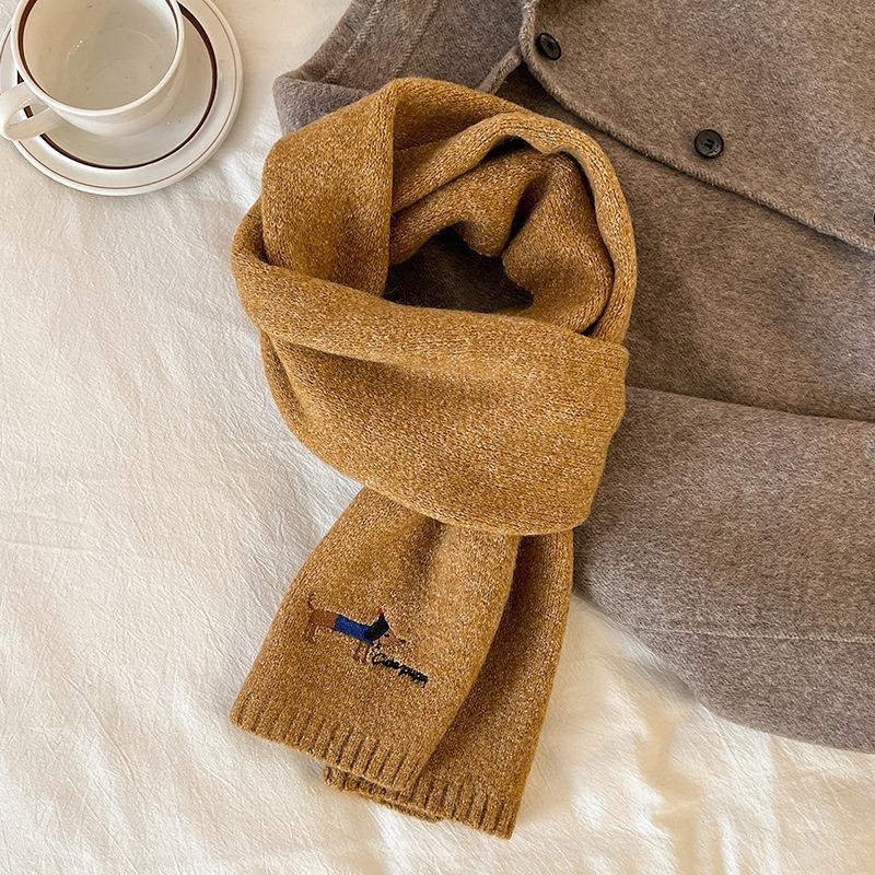 New Autumn and Winter Knitted Wool Scarf for Women Korean Version Versatile Embroidered Dachshund Woolen Neck Scarf Thickened Warm Scarf