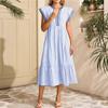 Spot European and American Fashion New Women's Striped Double Frilly Short-sleeved Contrasting Color V-neck Skirt