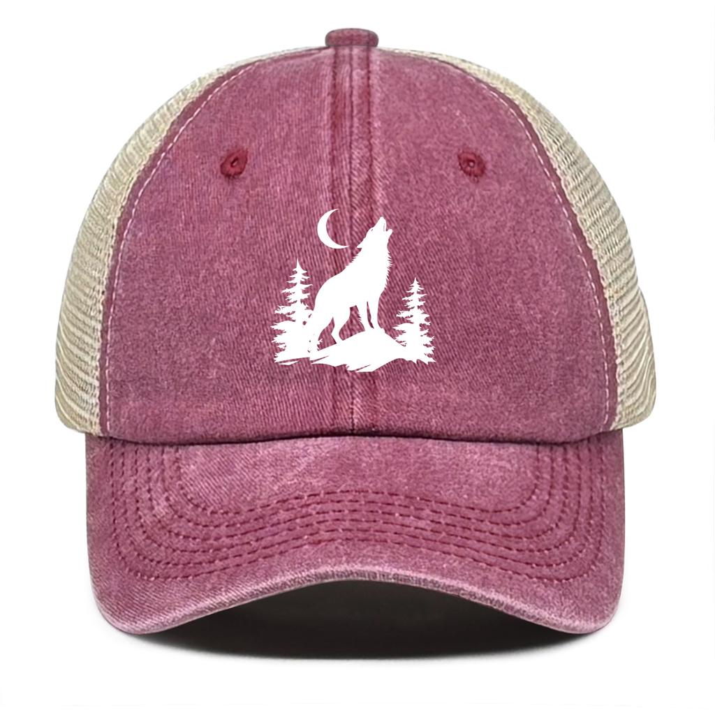 Howling Wolf Snapback Mesh Cap Forest Wolf Trucker Cap Solid Color Non-Stretch Fabric Adjustable Baseball Hat For Women & Men