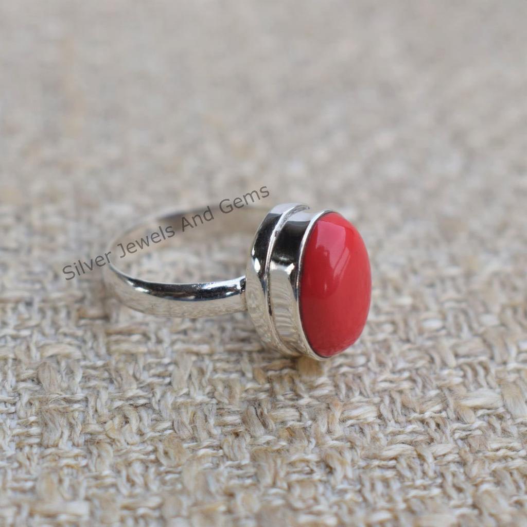 Handmade Oval Red Coral Ring, 925 Sterling Silver April Birthstone Ring