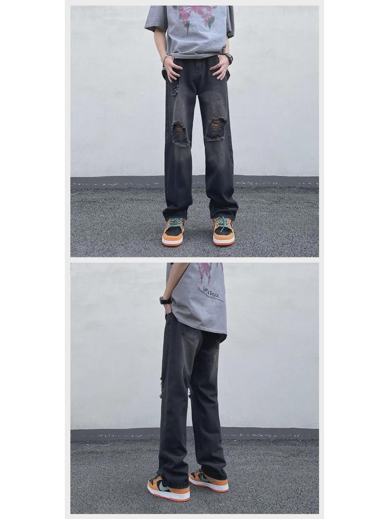 Men's Summer Korean Straight Casual Pants - Retro American Style Ripped Jeans