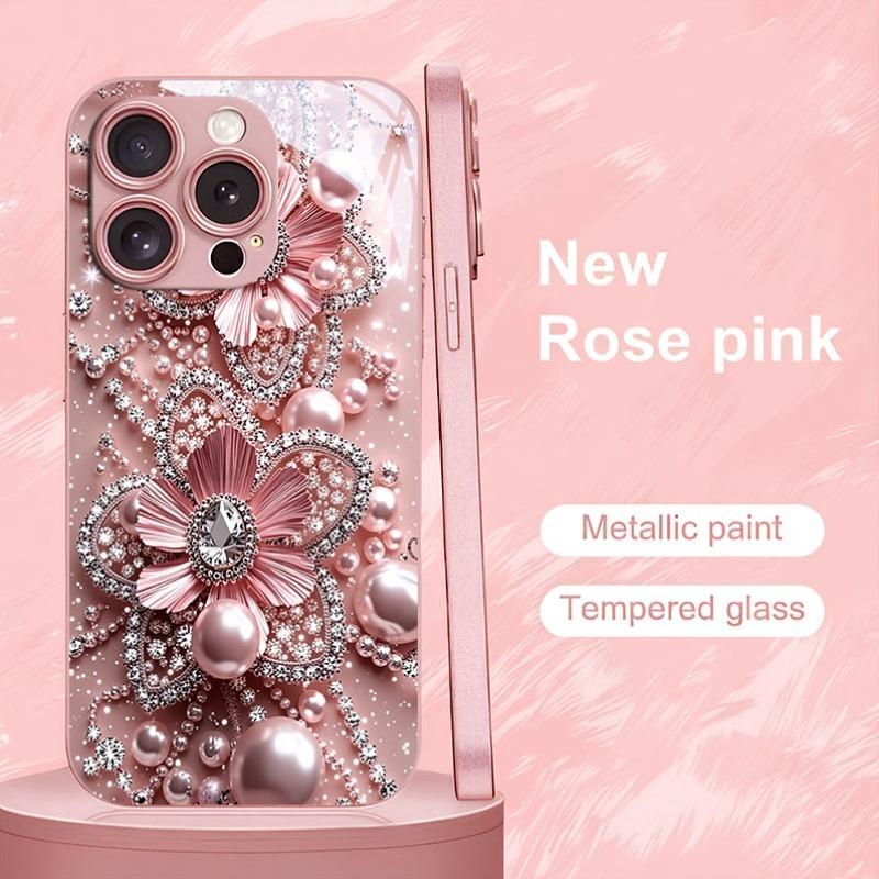 Pink Pearl Diamond Floral Pattern Pink Metallic Glass Phone Case For iPhone 17 Pro Max 11 12 13 14 15 16 Plus 17Air 16E Cover