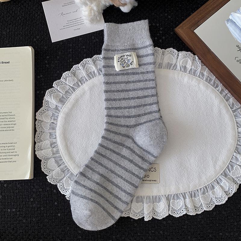 Gray Wool Socks Children'S Season Warm Medium Tube Socks Cute Cartoon Embroidered Cat Striped Cloth Label Stacking Socks