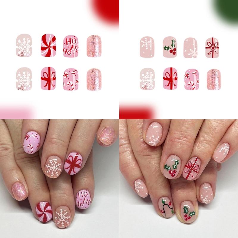 Holiday Festive Short Square Press On Nails Christmas Snowflake Sparkling False Nail French Tip 24Pcs Stick on Nail