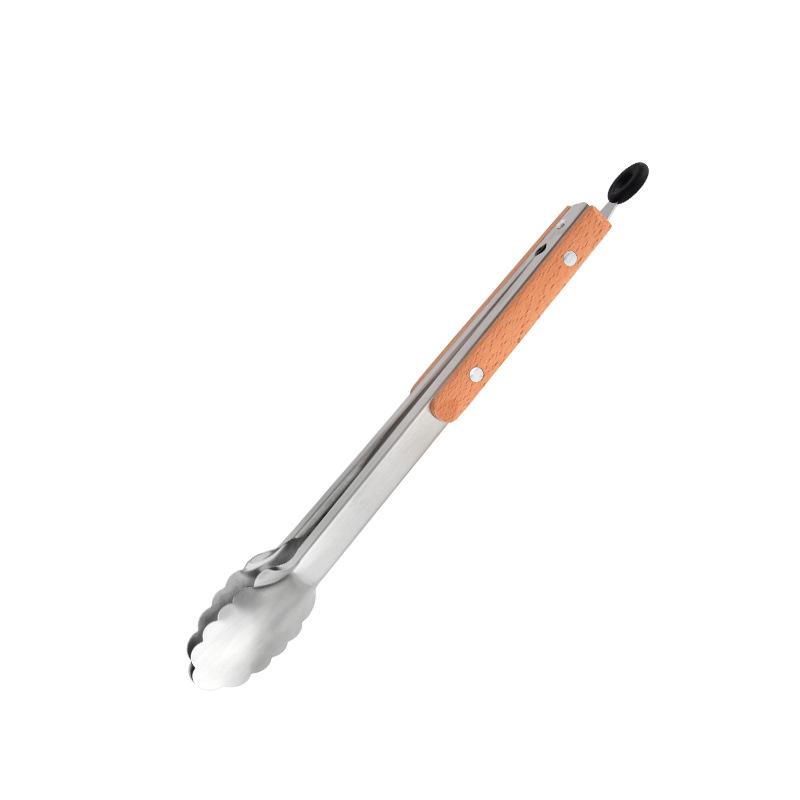 Beechwood-Handled Stainless Steel Food Tongs for Grilling and Serving Steak, Bread, and Cooked Meats.