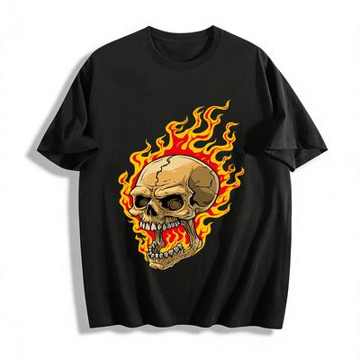 Flaming Skull Graphic Print Cool Street Style Casual Men's T-Shirt Pure Cotton T-shirt