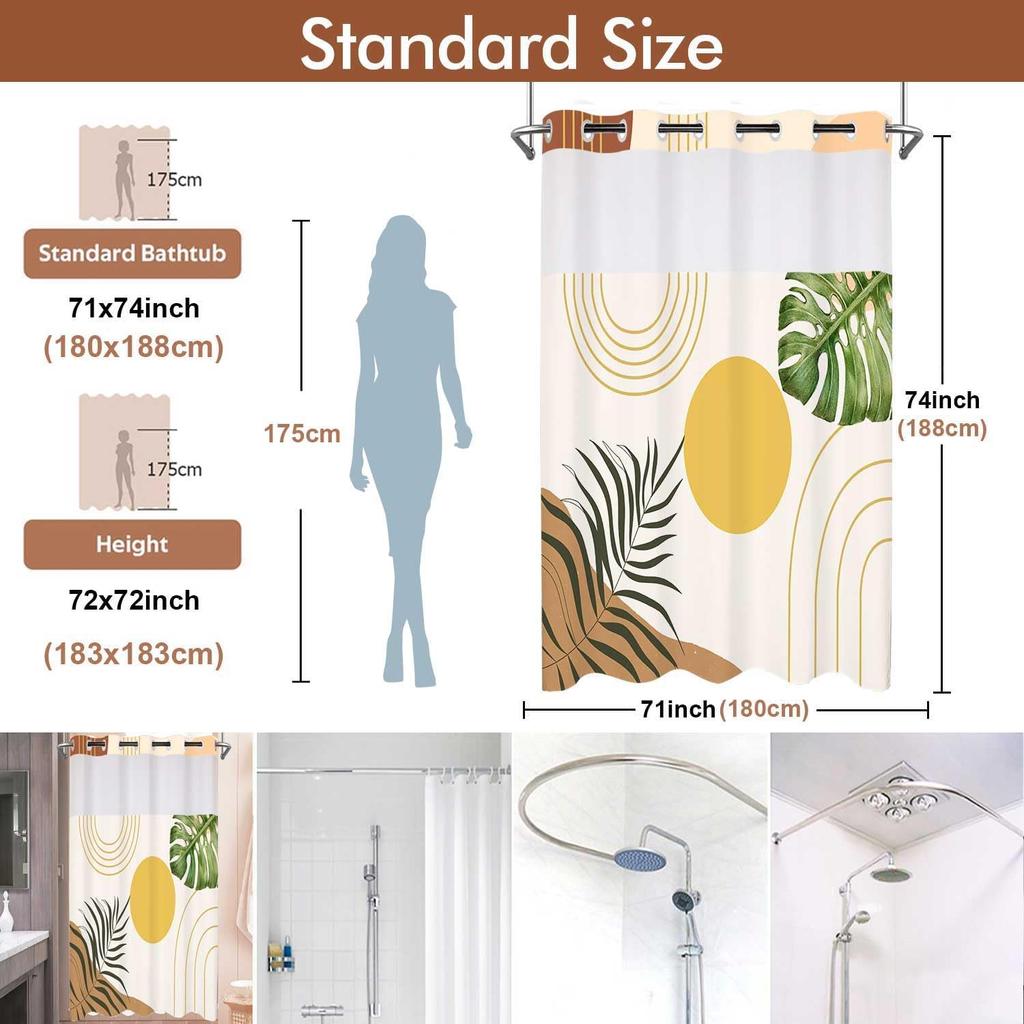 No Hook Shower Curtain with Snap in Liner and Liner Set, Boho Mid Century Green Leaf Shower Curtains for Bathroom Decor 71x74 in
