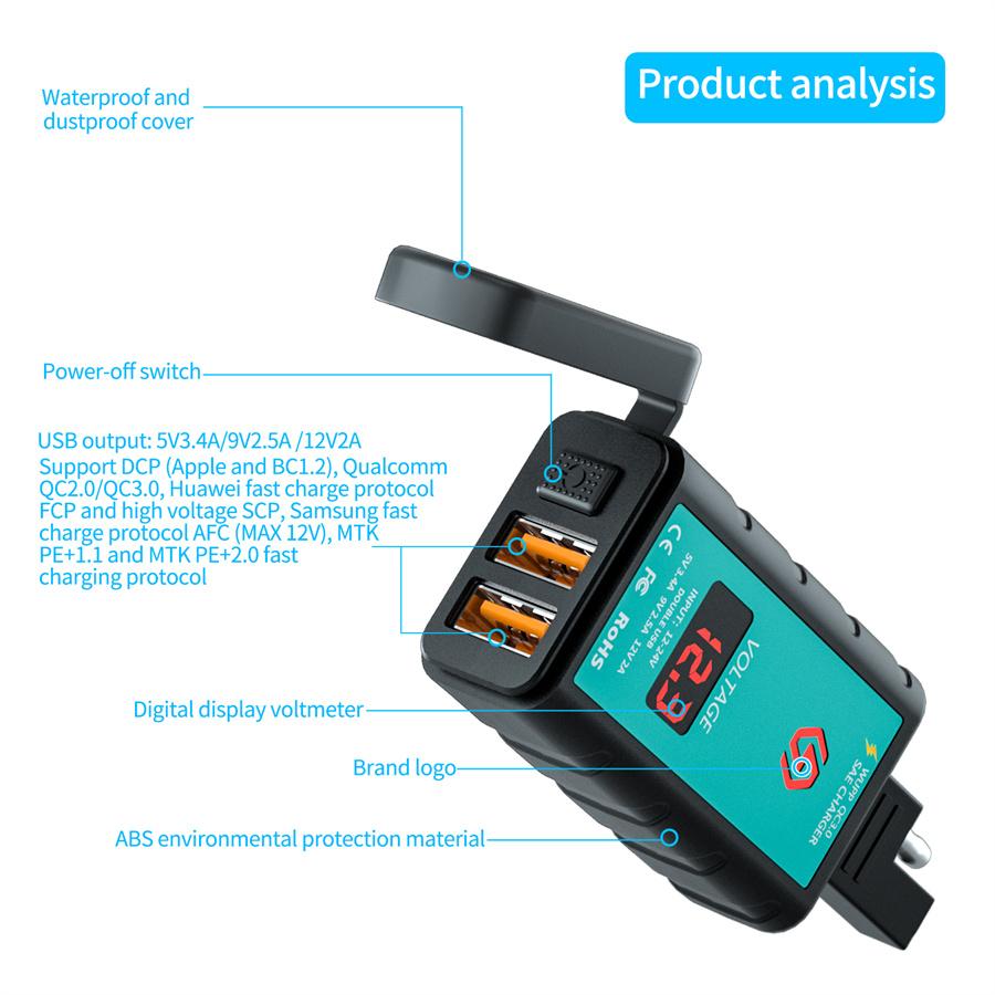 Motorcycle Dual USB Charger QC3.0 Fast Charger with Voltmeter Power Switch Integrated SAE Socket 1.4 M OT Terminal Cable