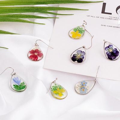 1pair Resin Genuine Flower Earrings Eternal Flower Dried Flower Babysbreath Verbena Cornflower Creative Jewelry