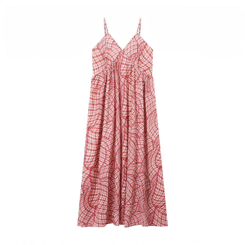 Holiday style pattern V-neck suspender dress women's summer new retro age-reducing seaside travel and leisure long skirt
