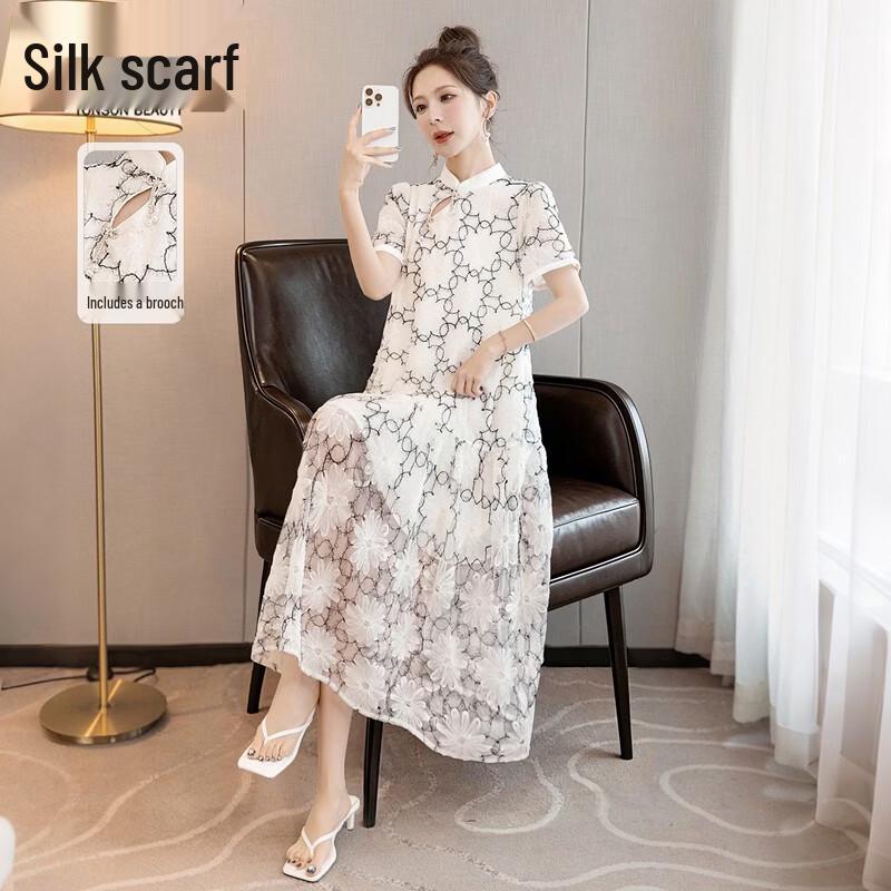 Women s New Chinese Style Ruffle Mesh A-line Midi Dress XL