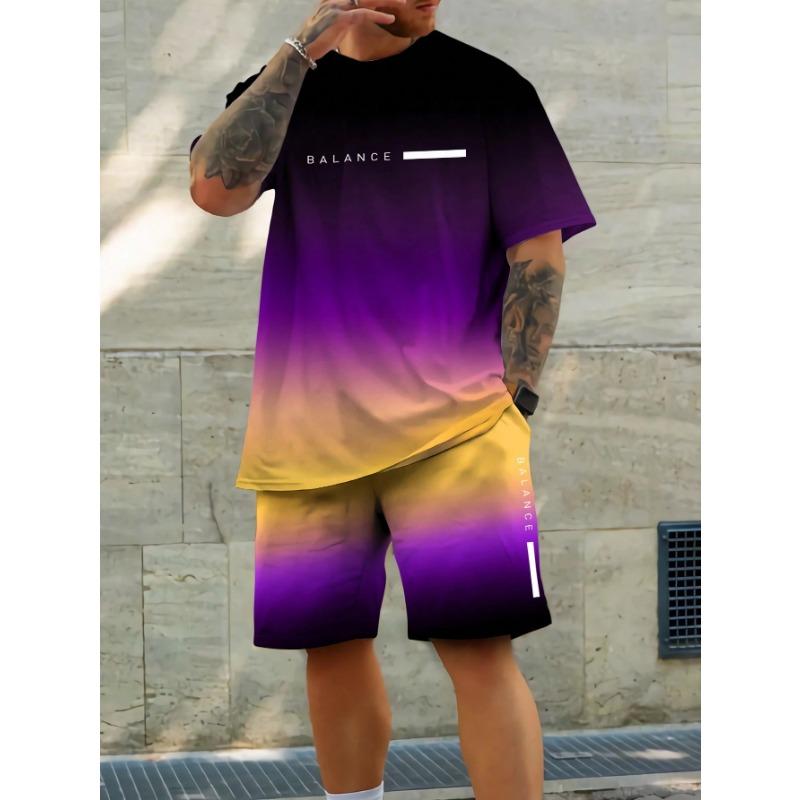 Trendy Gradient Color Short Sleeve T Shirt Shorts Set Plus Size Vacation Beach T-shirt Shorts 2-piece Set Loose Men's Clothing